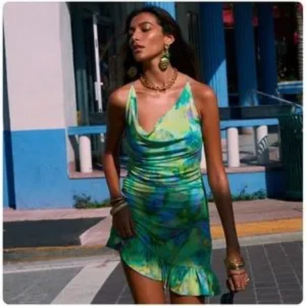 For Love & Lemons Aster Green Floral Cascade Mini Dress NWT - Picture 8 of 9
